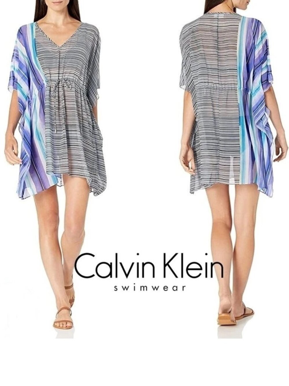 NWT Calvin Klein Striped V-Neck Caftan Swim Cover-Up / Small